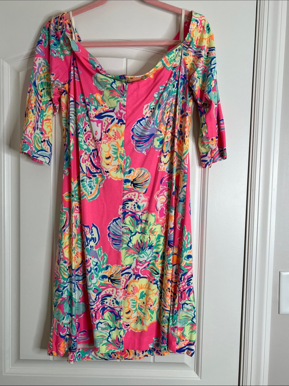 Lily Pulitzer-Vibrant Pink Floral Off-Shoulder Dress-XL - Picture 2 of 6